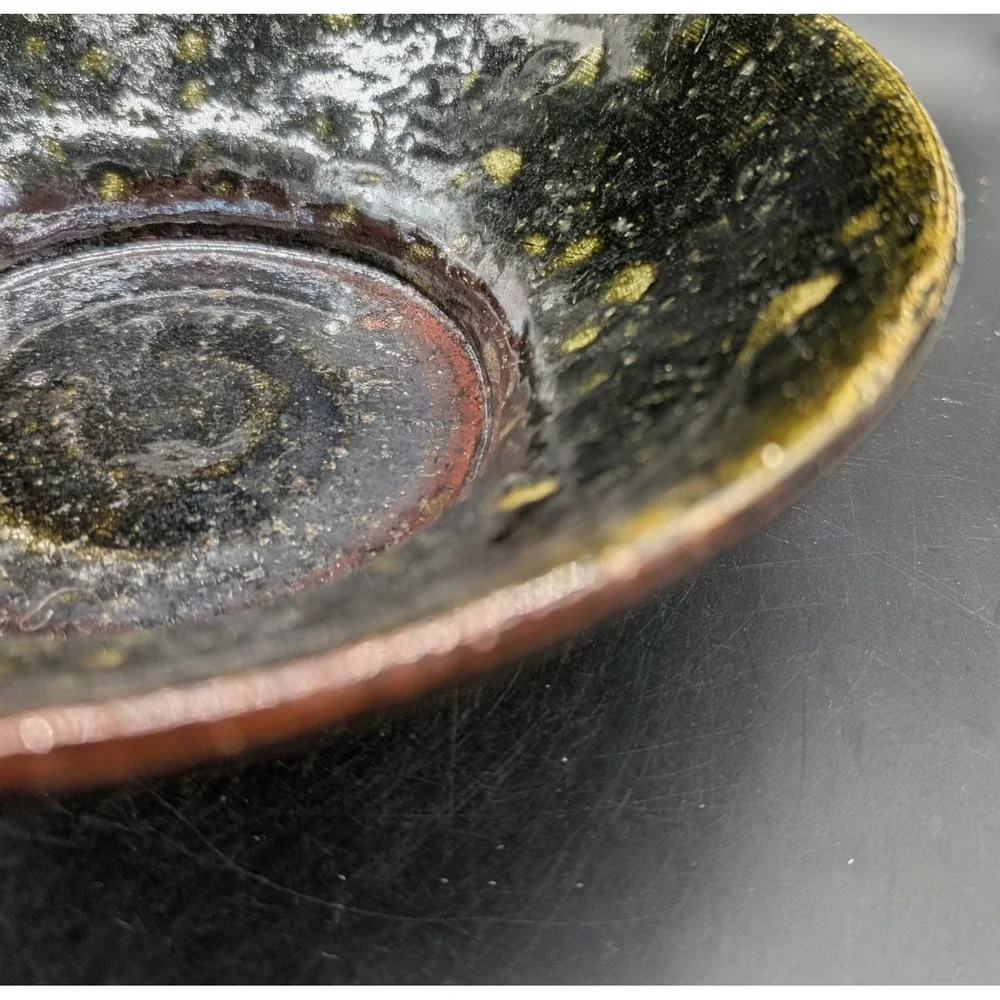 Vintage Studio Pottery Bowl Signed Bo 5/97 Black Green Raku Glazed Ceramic 9